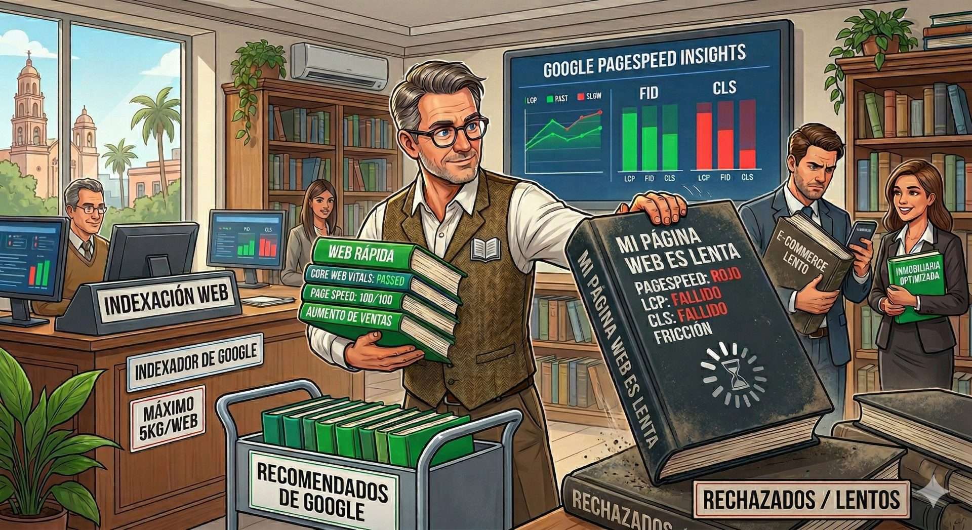 Ilustración de un bibliotecario de Google clasificando páginas web: acepta libros verdes de "Web Rápida" y "Page Speed 100/100" para el carrito de "Recomendados de Google", mientras rechaza un libro pesado de "Mi página web es lenta". Representación visual de la importancia del SEO técnico y PageSpeed Insights para el negocio.