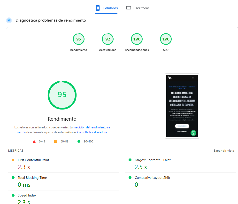 esultados de la herramienta Google PageSpeed Insights mostrando los cuatro semáforos de los Core Web Vitals en verde tras una optimización de SEO técnico