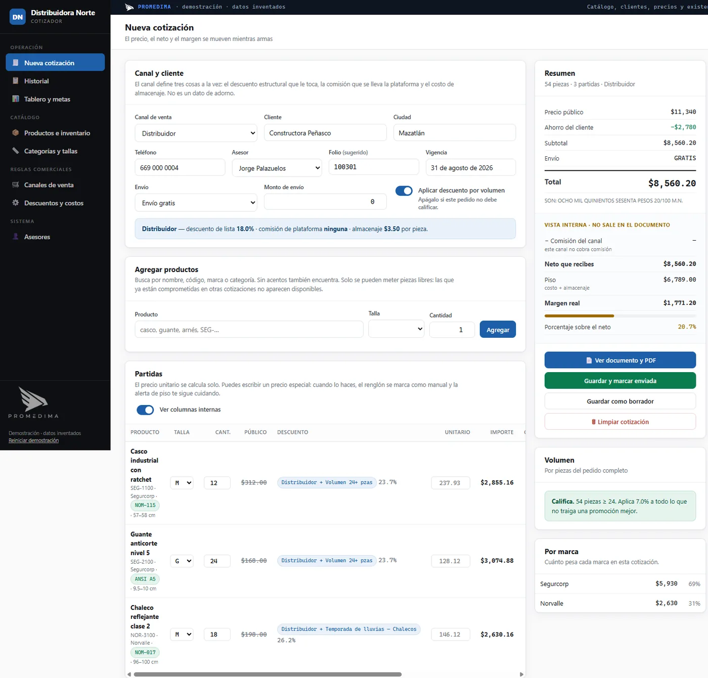 Cotizador de Promedima con datos de demostración: canal de venta, partidas con descuento por volumen, total y margen real