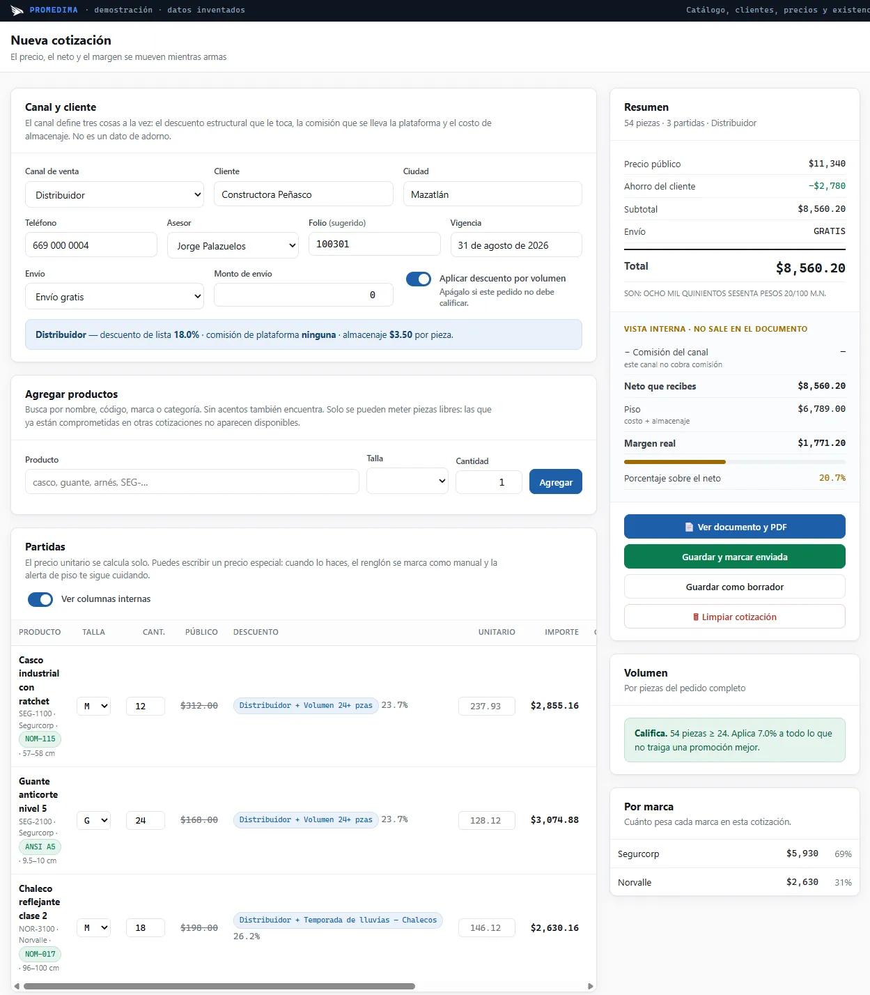 Cotizador de demostración con datos inventados: cotización para un cliente con canal distribuidor, folio, vigencia, tres partidas con sus descuentos y el resumen con total de $8,560.20